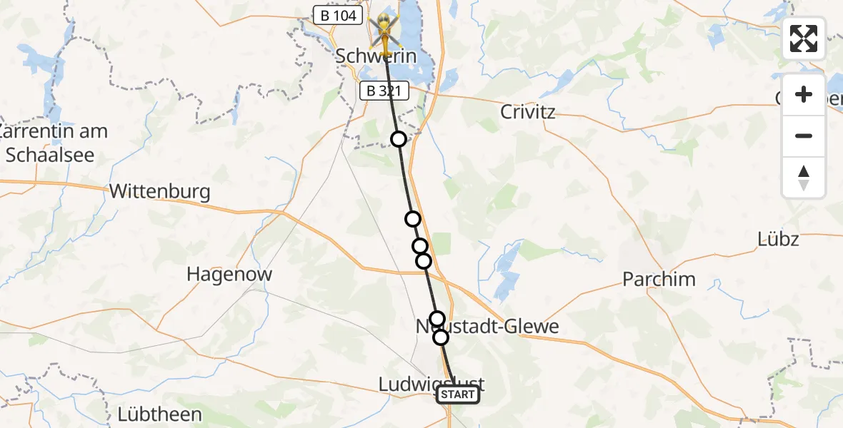 Flugroute Rettungshubschrauber Groß Laasch - Schwerin, 06 September 2026, 09:19