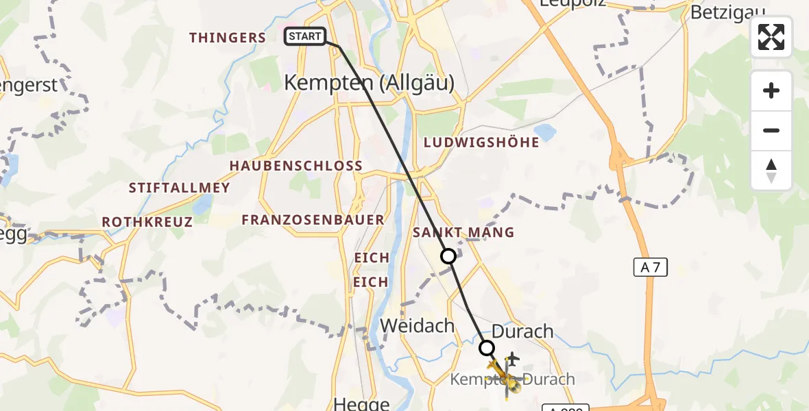 Flugroute Rettungshubschrauber Kempten (Allgäu) - Kempten-Durach Flugplatz, 06 September 2026, 09:21
