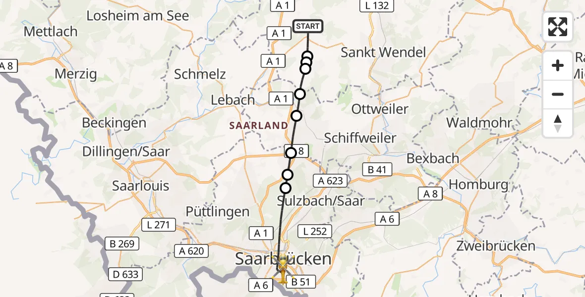 Flugroute Rettungshubschrauber Tholey - Saarbrücken, 06 September 2026, 09:25