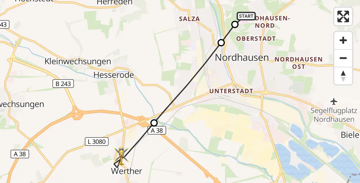 Flugroute Rettungshubschrauber Südharz Hospital Nordhausen - Werther, 06 September 2026, 09:36
