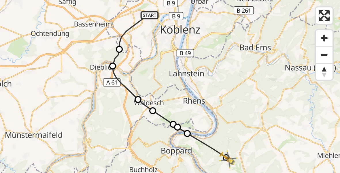 Flugroute Rettungshubschrauber Koblenz - Kamp-Bornhofen, 06 September 2026, 10:04