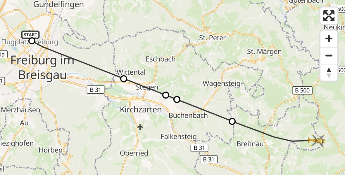 Flugroute Ambulanzhubschrauber Freiburg im Breisgau Flugplatz - Breitnau, 06 September 2026, 10:06