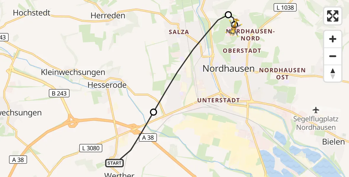 Flugroute Rettungshubschrauber Werther - Südharz Hospital Nordhausen, 06 September 2026, 10:07