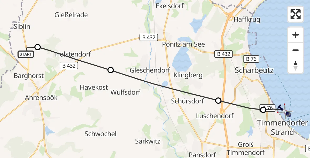 Flugroute Polizeihubschrauber Christoph 12 Luftrettungszentrum - Timmendorfer Strand, 06 September 2026, 10:23