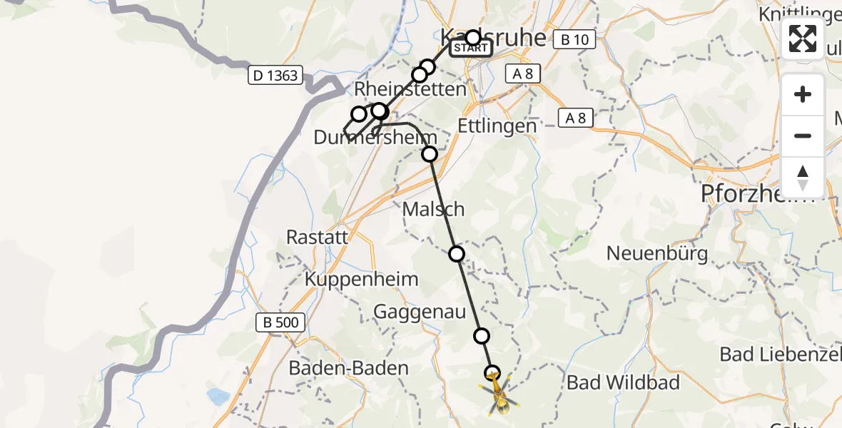 Flugroute Ambulanzhubschrauber Sankt Vincentius Hospital - Gernsbach, 06 September 2026, 10:27