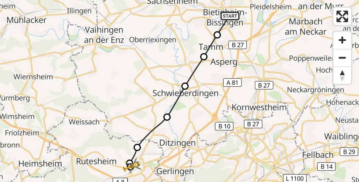 Flugroute Rettungshubschrauber Bietigheim-Bissingen - Leonberg Hospital, 06 September 2026, 10:30