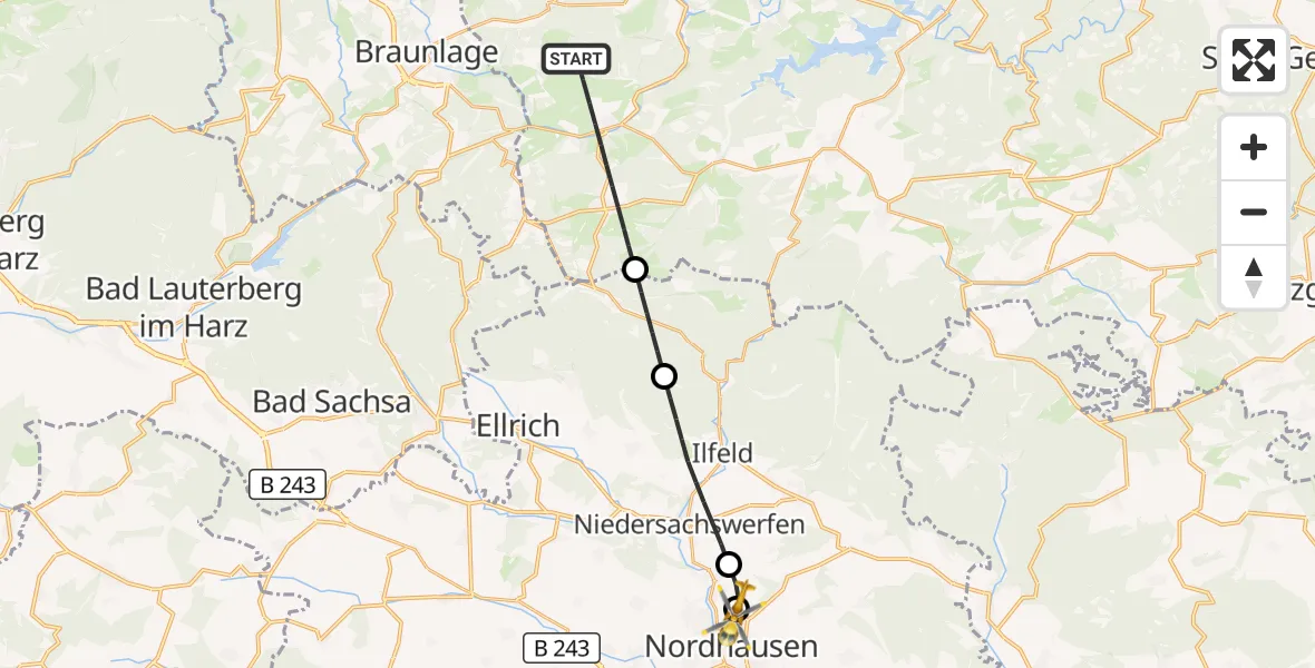 Flugroute Rettungshubschrauber Oberharz am Brocken - Südharz Hospital Nordhausen, 06 September 2026, 10:30