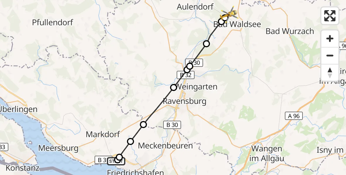 Flugroute Rettungshubschrauber Friedrichshafen Hospital - Bad Waldsee, 06 September 2026, 10:43