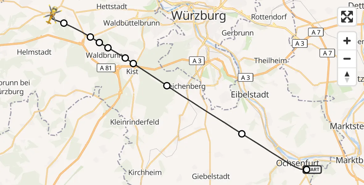 Flugroute Rettungshubschrauber Ochsenfurt Hospital - Uettingen, 06 September 2026, 10:44