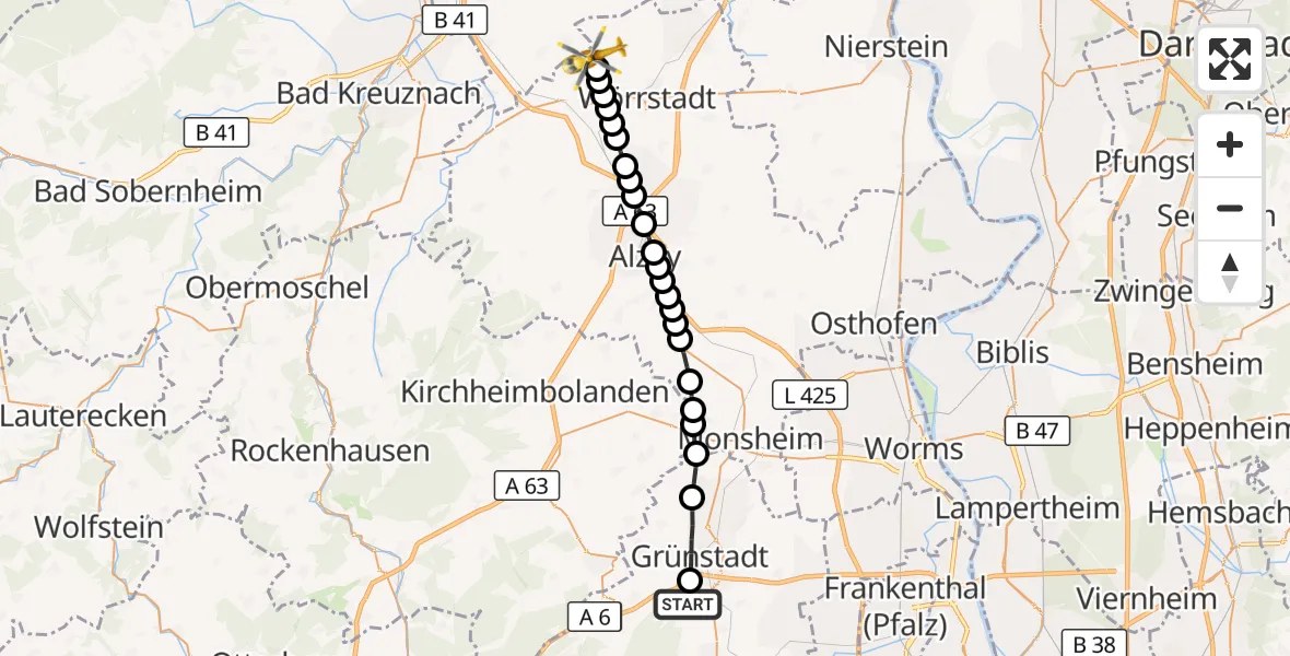 Flugroute Rettungshubschrauber Kleinkarlbach - Vendersheim, 06 September 2026, 10:59