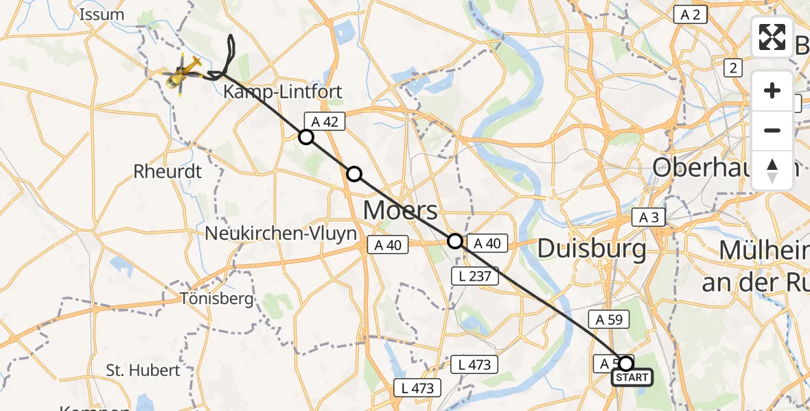 Flugroute Rettungshubschrauber Duisburg Air Rescue Hubschrauberlandeplatz (Christoph 9) - Kamp-Lintfort, 06 September 2026, 11:13