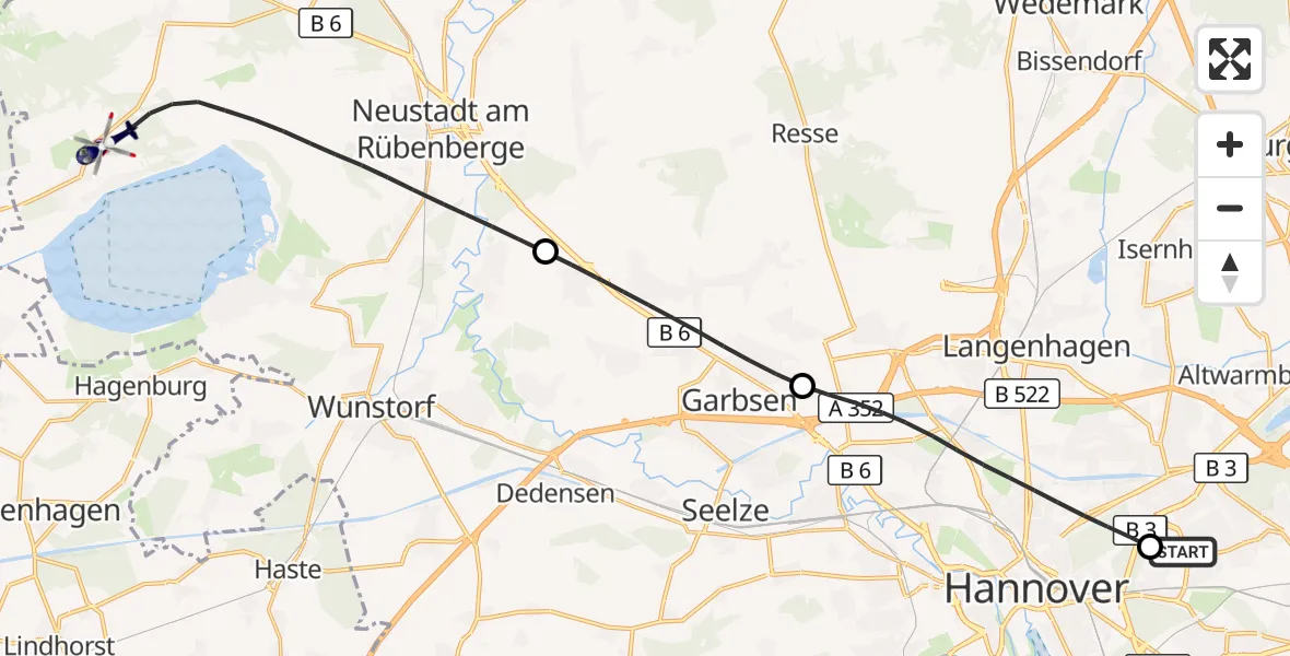 Flugroute Polizeihubschrauber Hannover Luftrettung Hubschrauberlandeplatz (Christoph 4) - Neustadt am Rübenberge, 06 September 2026, 11:14