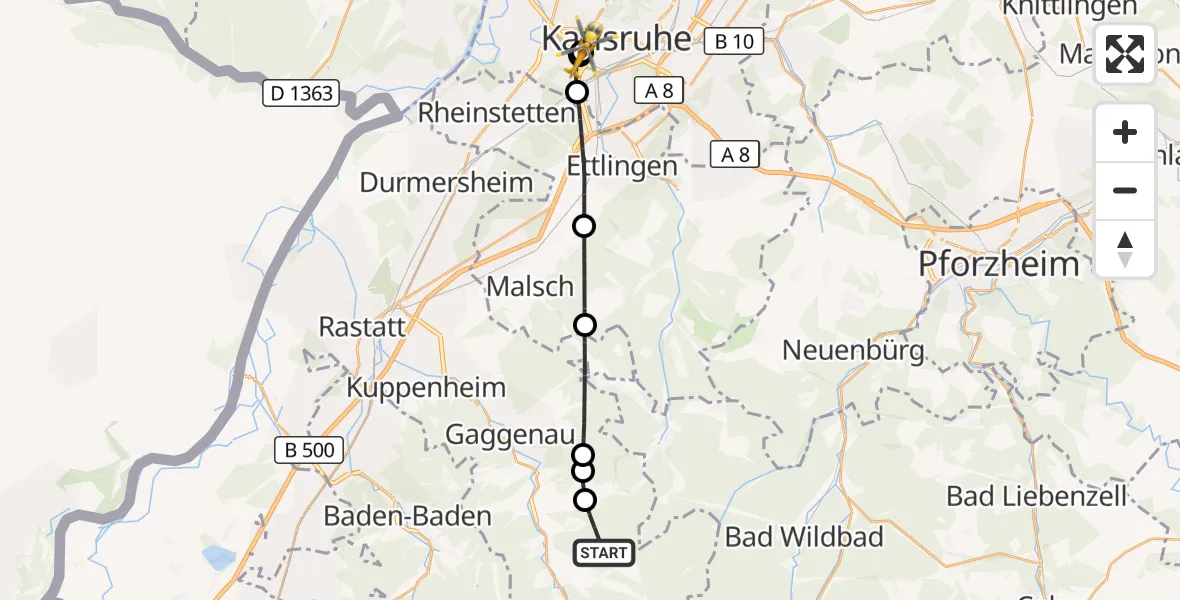 Flugroute Ambulanzhubschrauber Gernsbach - Sankt Vincentius Hospital, 06 September 2026, 11:17