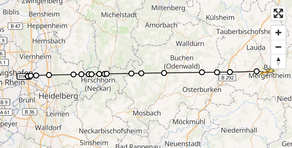 Flugroute Rettungshubschrauber Mannheim-City Flughafen - Bad Mergentheim, 06 September 2026, 11:19