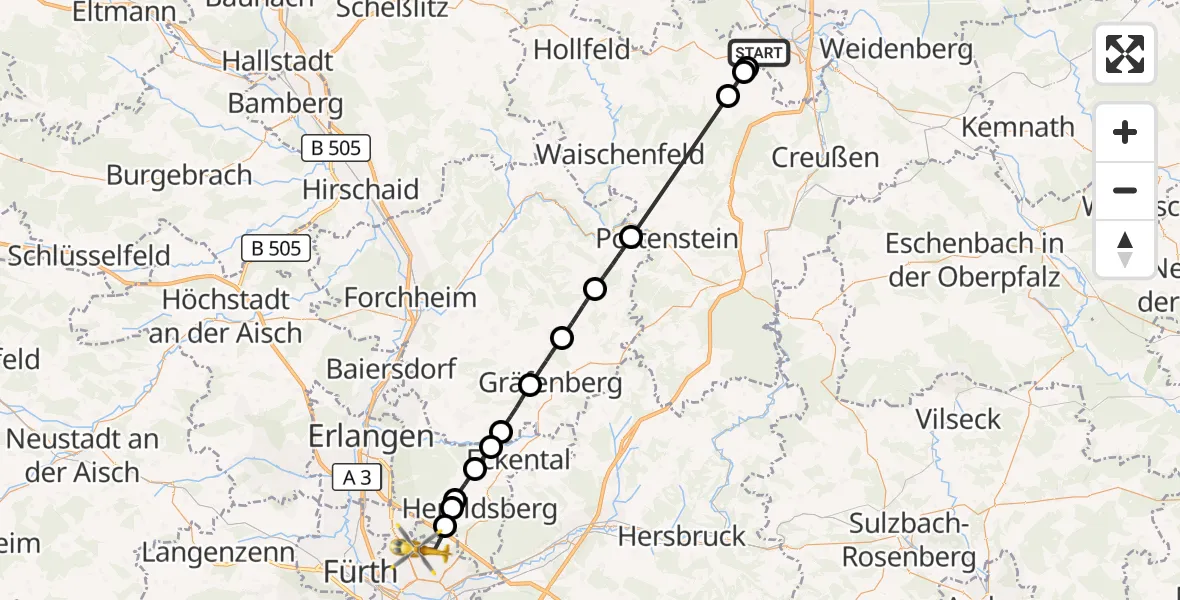 Flugroute Ambulanzhubschrauber Bayreuth - Flughafen Nuremberg, 06 September 2026, 11:22