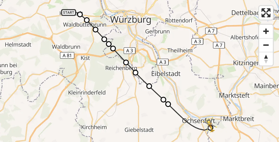 Flugroute Rettungshubschrauber Hettstadt - Ochsenfurt Hospital, 06 September 2026, 11:24