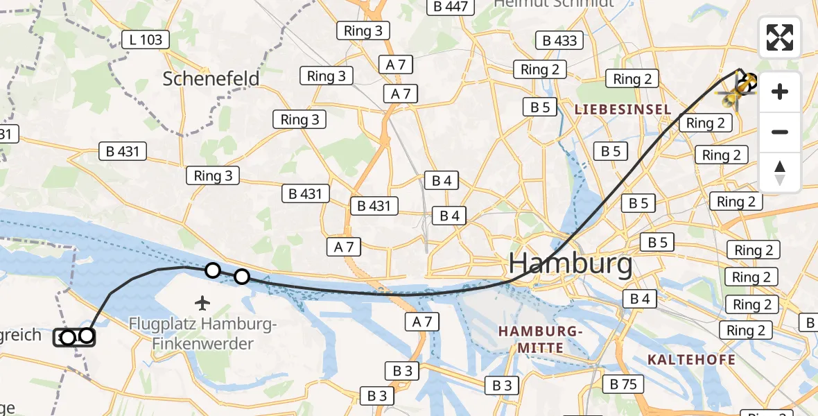 Flugroute Rettungshubschrauber Hamburg - Hamburg Military Hospital, 06 September 2026, 11:25