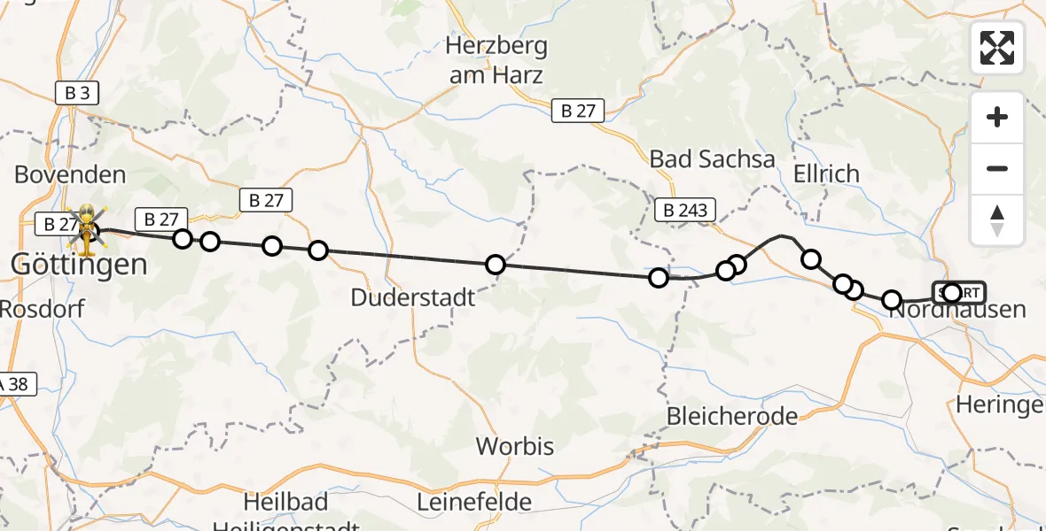 Flugroute Rettungshubschrauber Südharz Hospital Nordhausen - Göttingen University Clinic Hubschrauberlandeplatz, 06 September 2026, 11:25
