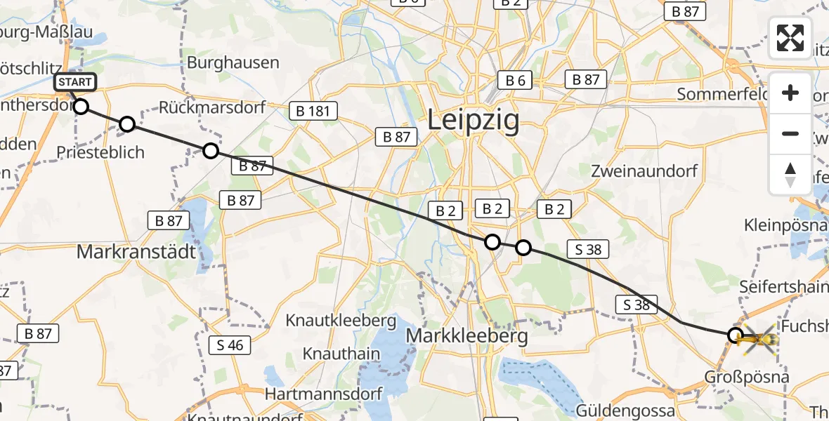 Flugroute Rettungshubschrauber ADAC Air Rescue Station Leipzig/Schkeuditz-Dölzig Hubschrauberlandeplatz (Christoph 61) - Großpösna, 06 September 2026, 11:35