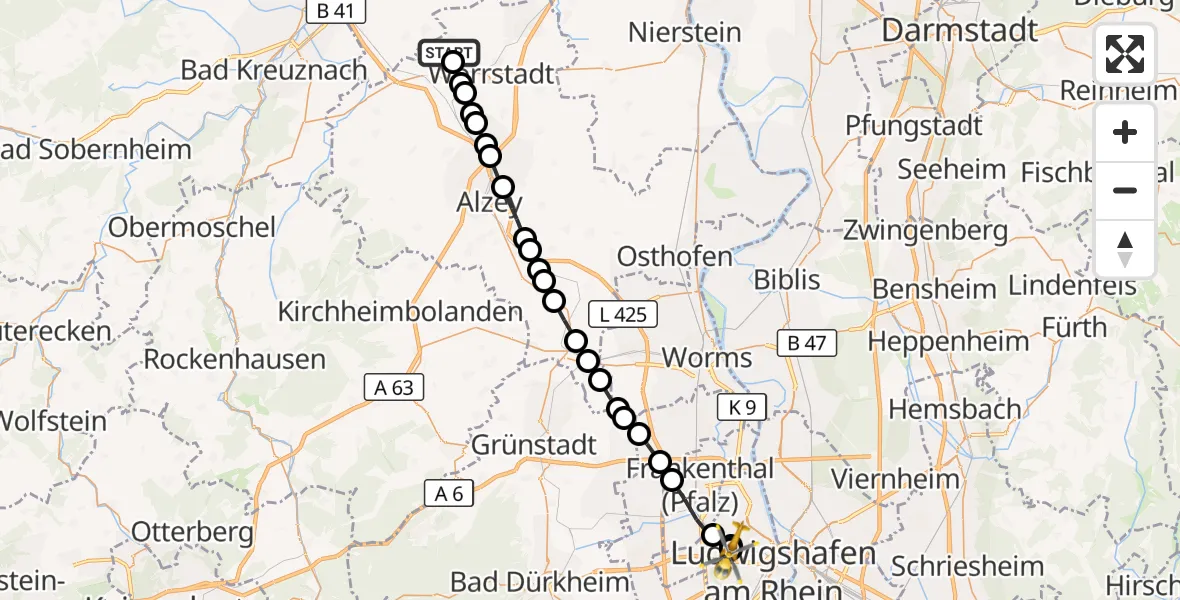 Flugroute Rettungshubschrauber Vendersheim - Ludwigshafen Accident Hospital, 06 September 2026, 11:42