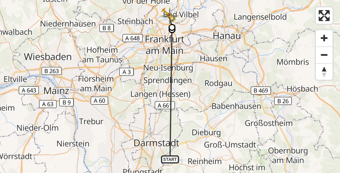 Flugroute Rettungshubschrauber Mühltal - Frankfurt am Main, 06 September 2026, 11:47