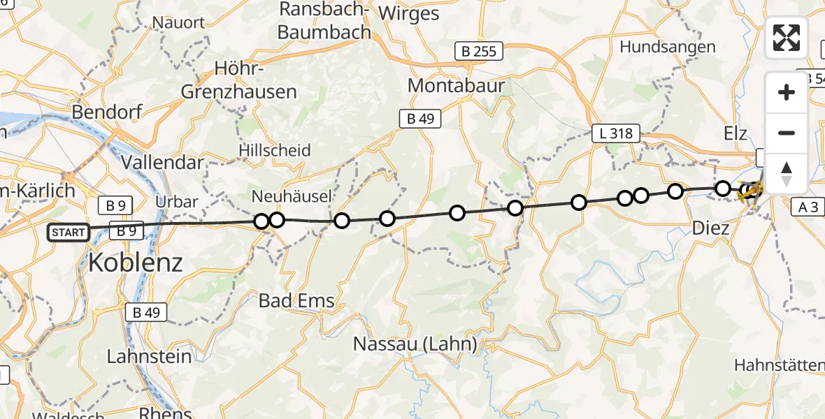 Flugroute Rettungshubschrauber Koblenz - Saint Vincent Hospital Limburg, 06 September 2026, 11:47
