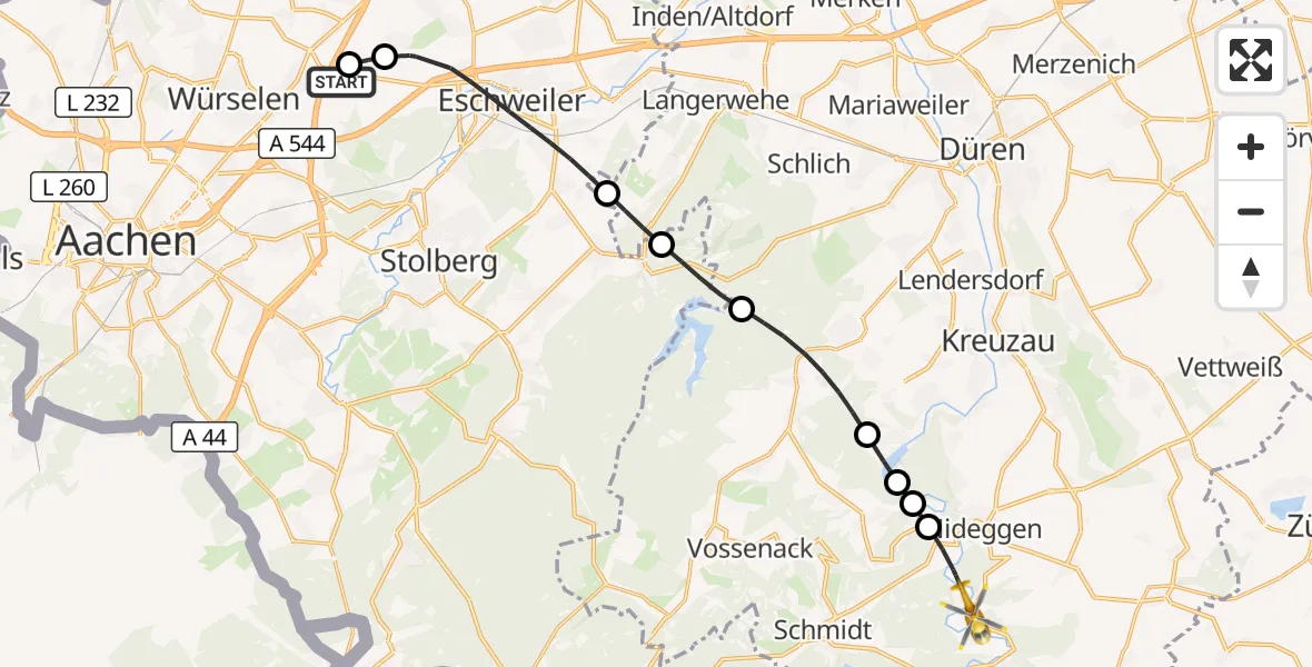 Flugroute Rettungshubschrauber Aachen-Merzbrück Flughafen - Nideggen, 06 September 2026, 11:53