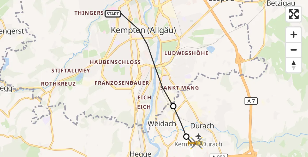 Flugroute Rettungshubschrauber Kempten (Allgäu) - Kempten-Durach Flugplatz, 06 September 2026, 11:54
