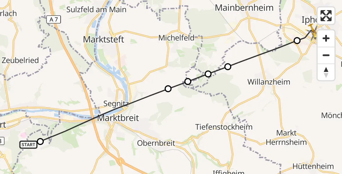 Flugroute Rettungshubschrauber Ochsenfurt Hospital - Iphofen, 06 September 2026, 11:56