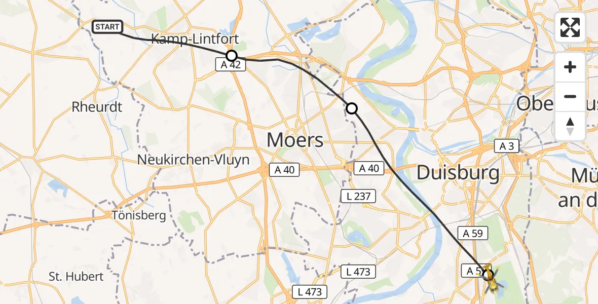 Flugroute Rettungshubschrauber Kamp-Lintfort - Duisburg Air Rescue Hubschrauberlandeplatz (Christoph 9), 06 September 2026, 12:00