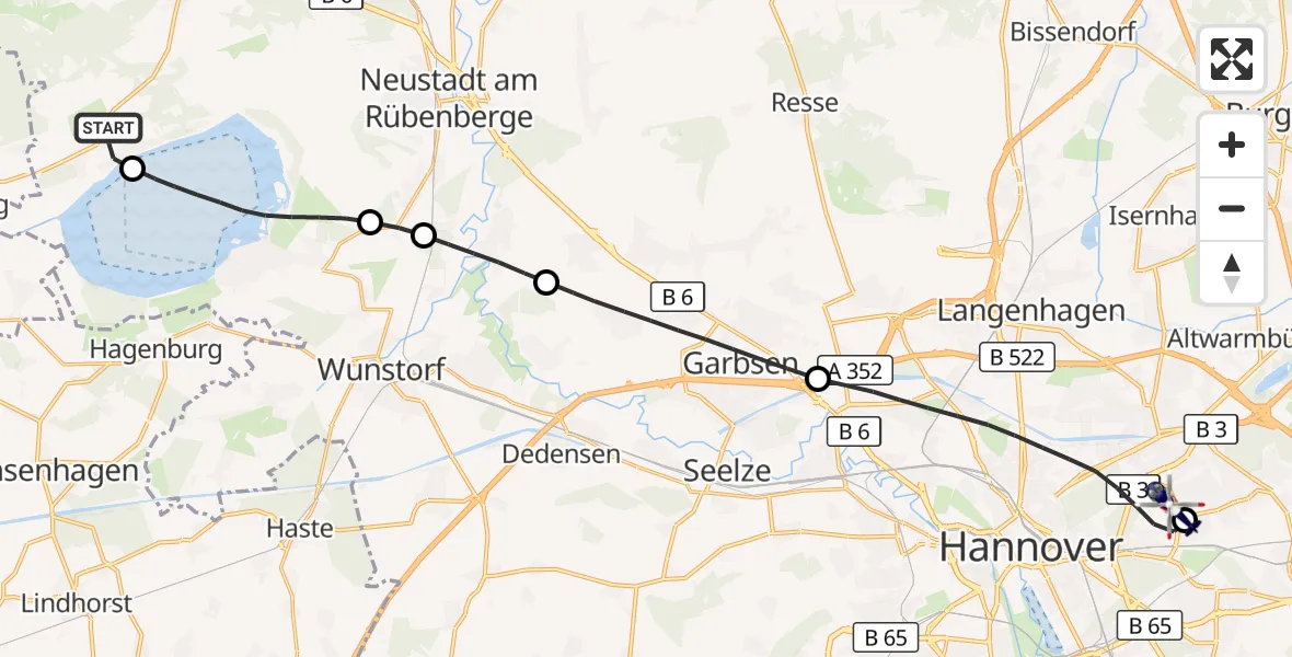 Flugroute Polizeihubschrauber Neustadt am Rübenberge - Hannover Luftrettung Hubschrauberlandeplatz (Christoph 4), 06 September 2026, 12:05