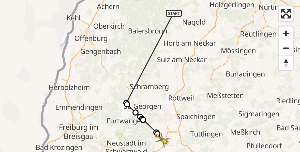 Flugroute Ambulanzhubschrauber Altensteig - Donaueschingen, 06 September 2026, 12:10