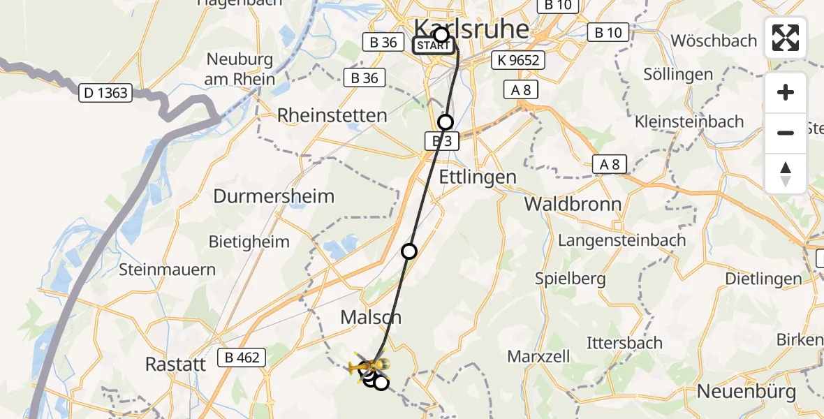 Flugroute Ambulanzhubschrauber Sankt Vincentius Hospital - Malsch, 06 September 2026, 12:21