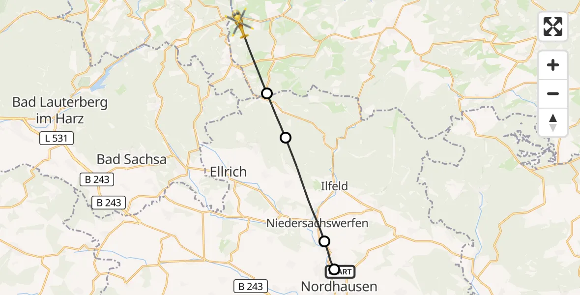 Flugroute Rettungshubschrauber Südharz Hospital Nordhausen - Oberharz am Brocken, 06 September 2026, 12:29