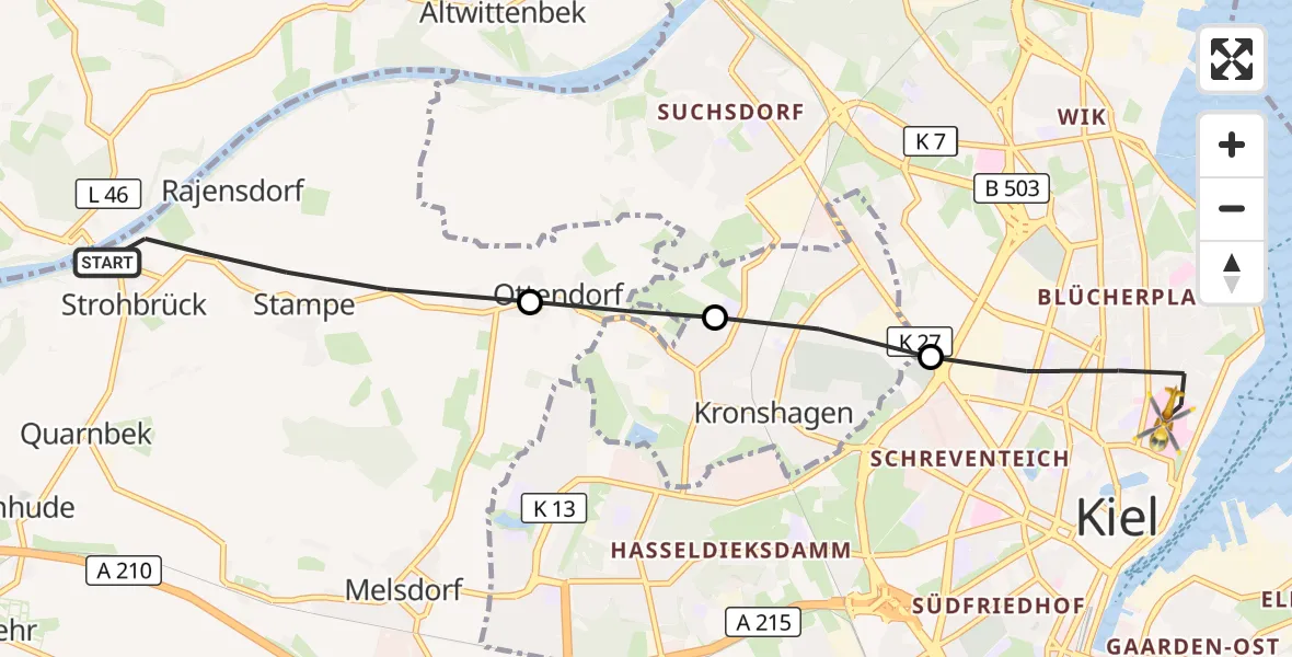 Flugroute Ambulanzhubschrauber Quarnbek - Kiel, 06 September 2026, 12:30
