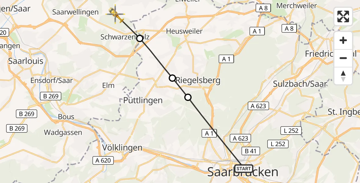 Flugroute Rettungshubschrauber Saarbrücken - Saarwellingen, 06 September 2026, 12:31