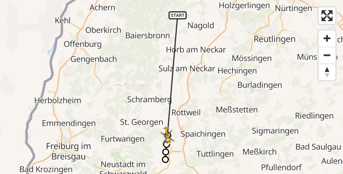 Flugroute Ambulanzhubschrauber Altensteig - DRF Air Rescue Station Villingen-Schwenningen Hubschrauberlandeplatz (Christoph 11), 06 September 2026, 12:48