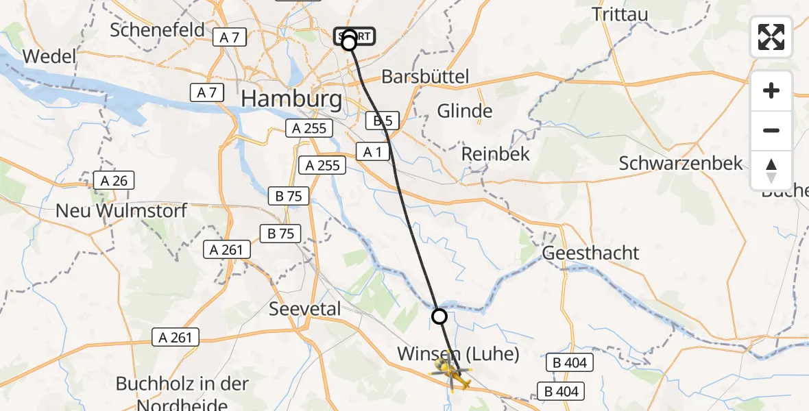 Flugroute Rettungshubschrauber Hamburg Military Hospital - Winsen (Luhe), 06 September 2026, 12:50