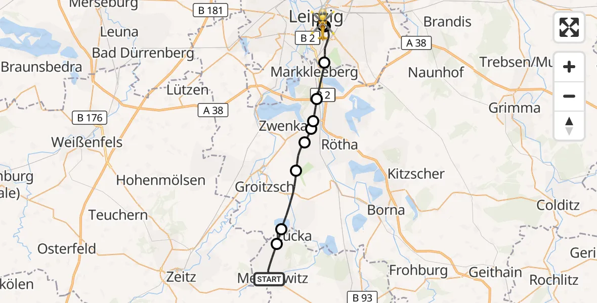 Flugroute Rettungshubschrauber Meuselwitz - Leipzig University Hospital Heliport 1, 06 September 2026, 12:55
