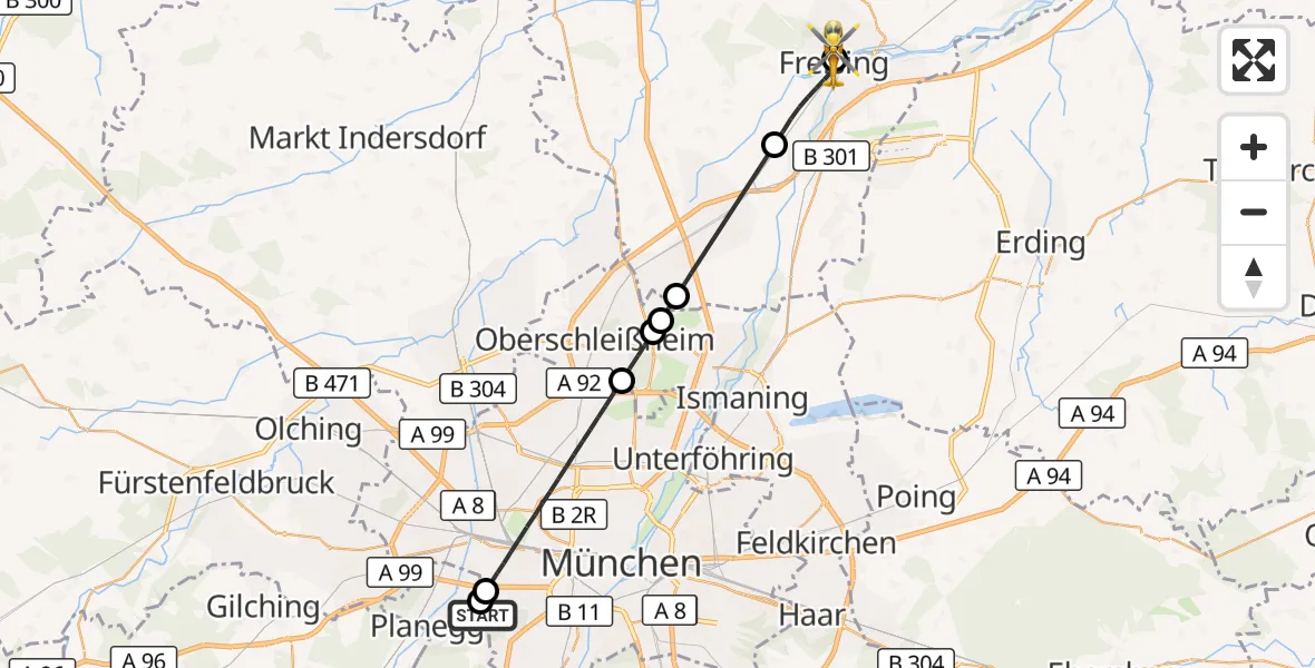 Flugroute Rettungshubschrauber DRF Air Rescue München Hubschrauberlandeplatz - Freising Clinic Hubschrauberlandeplatz, 06 September 2026, 12:58