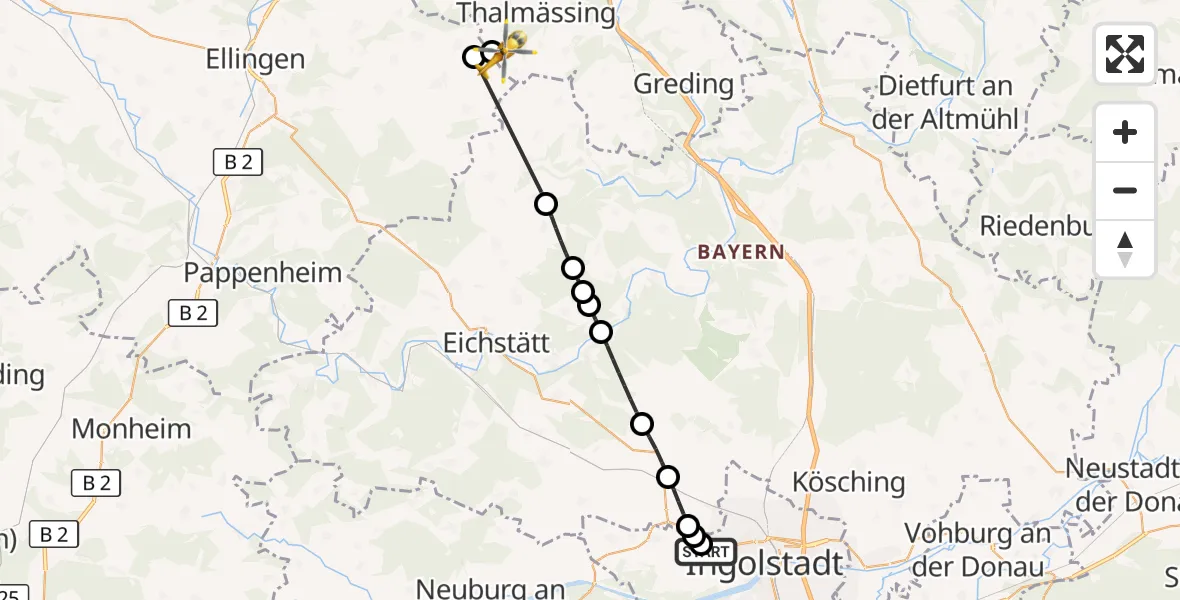 Flugroute Rettungshubschrauber Ingolstadt Hospital - Thalmässing, 06 September 2026, 12:58