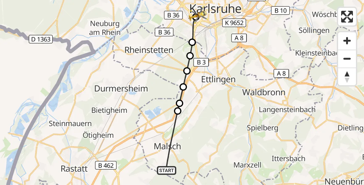 Flugroute Ambulanzhubschrauber Malsch - Sankt Vincentius Hospital, 06 September 2026, 12:58