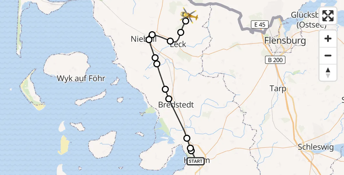 Flugroute Ambulanzhubschrauber Husum - Ladelund, 06 September 2026, 13:03