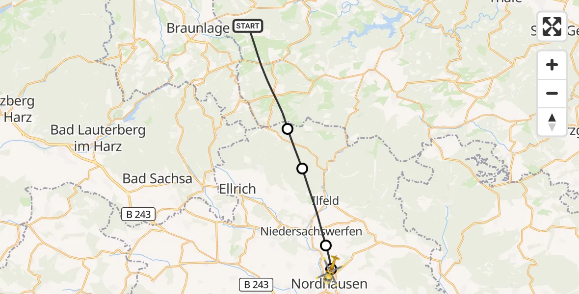 Flugroute Rettungshubschrauber Oberharz am Brocken - Südharz Hospital Nordhausen, 06 September 2026, 13:08