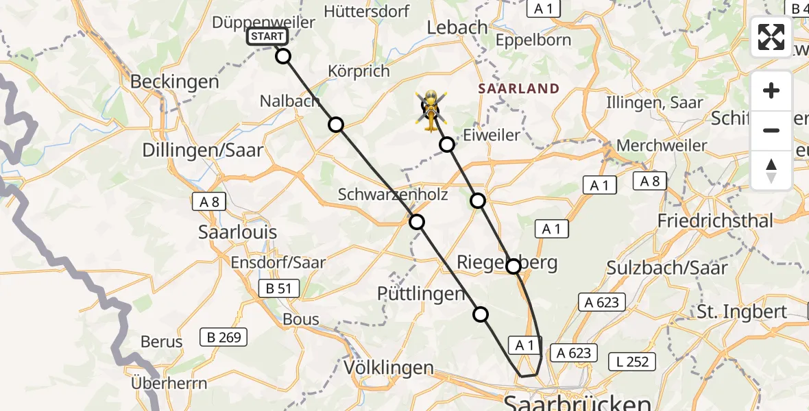 Flugroute Rettungshubschrauber Beckingen - Saarwellingen, 06 September 2026, 13:34