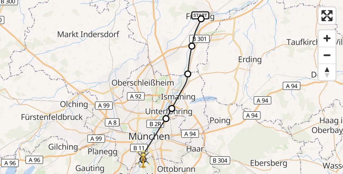 Flugroute Rettungshubschrauber Freising Clinic Hubschrauberlandeplatz - ADAC Air Rescue Center Hubschrauberlandeplatz (Christoph 1), 06 September 2026, 13:36