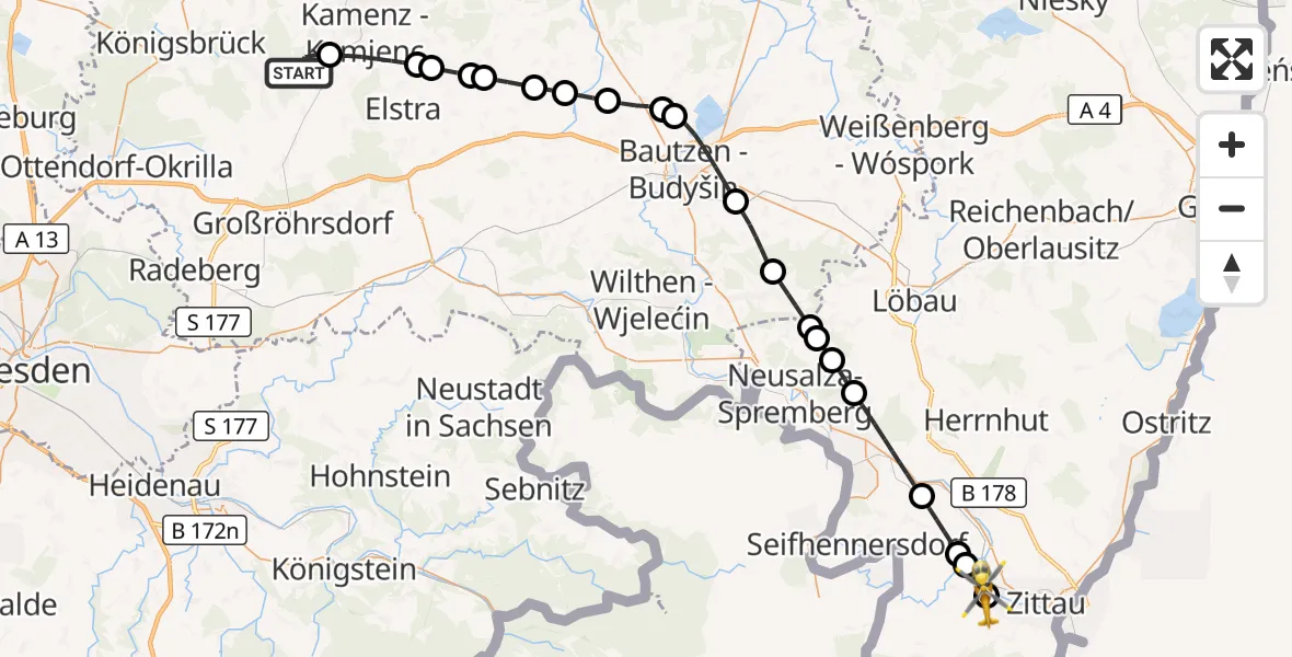 Flugroute Rettungshubschrauber Haselbachtal - Bertsdorf-Hörnitz, 06 September 2026, 13:37