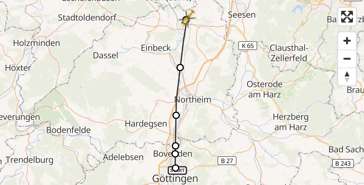 Flugroute Rettungshubschrauber Göttingen University Clinic Hubschrauberlandeplatz - Bad Gandersheim, 06 September 2026, 13:40