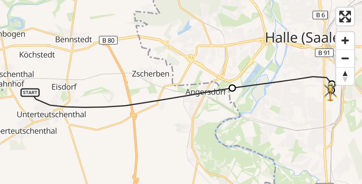 Flugroute Rettungshubschrauber Teutschenthal - BG Hospital Bergmannstrost Halle, 06 September 2026, 13:43
