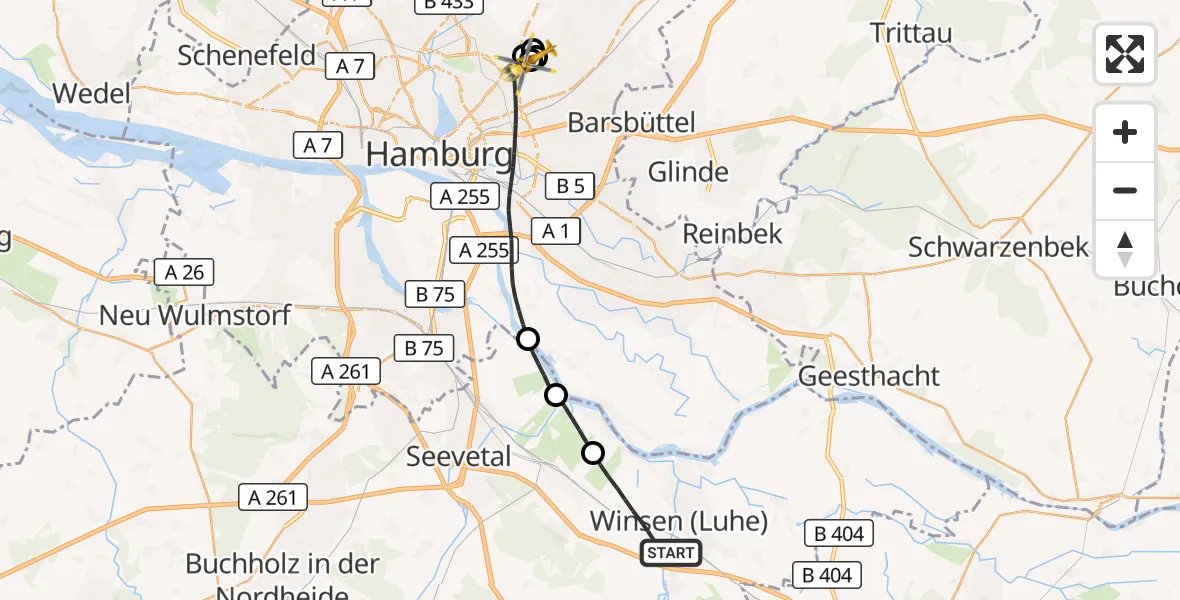 Flugroute Rettungshubschrauber Winsen (Luhe) - Hamburg Military Hospital, 06 September 2026, 13:47